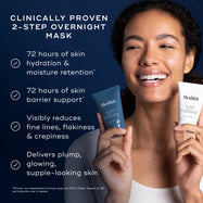 A woman smiling while holding the two tubes of Medik8 H.E.O. Mask (blue Step 1 and white Step 2). Text highlights the product as a CLINICALLY PROVEN 2-STEP OVERNIGHT MASK with benefits including: 72 hours of skin hydration & moisture retention, 72 hours of skin barrier support, visibly reduces fine lines, flakiness & crepiness, and delivers plump, glowing, supple-looking skin.