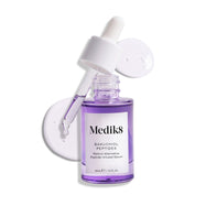 A purple glass dropper bottle of Bakuchiol Peptides serum, with its dropper removed. A swirl of the purple serum is shown, emphasising the product's texture.