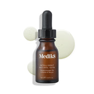 A brown glass dropper bottle of Medik8 Intelligent Retinol 10TR is displayed, with three pale yellow serum droplets on the white surface. 