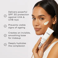 A woman applying the Advanced Day Total Protect on her cheek. Four bullet points list product benefits: powerful SPF 30 UVA & UVB protection, prevention of visible aging signs, creation of a smoothing makeup base, and deep hydration.