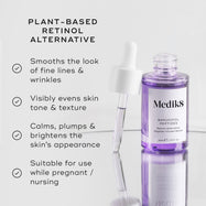 A purple glass dropper bottle of Bakuchiol Peptides serum is shown with its dropper. To the left, text highlights the product as a "PLANT-BASED RETINOL ALTERNATIVE" with benefits including: smoothing fine lines & wrinkles, visibly evening skin tone & texture, calming, plumping & brightening skin's appearance, and being suitable for use while pregnant/nursing.