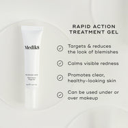 A white tube of Blemish SOS Rapid Action Target Gel is featured. Text highlights it as a RAPID ACTION TREATMENT GEL. Four bullet points with checkmarks list benefits: Targets & reduces the look of blemishes, Calms visible redness, Promotes clear, healthy-looking skin, and Can be used under or over makeup.