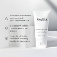 A white tube of Ultimate Recovery Skin Restoring Moisture Locking Cream is featured on a white geometric block. Three bullet points with checkmarks list benefits: Nourishes & comforts compromised, post-treatment skin, Supports the skin's natural reparative process, and Helps to minimise downtime following aesthetic treatments.