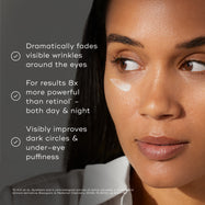 A woman's face is shown with a small amount of eye serum applied under one eye. Three bullet points with checkmarks list the benefits: Dramatically fades visible wrinkles around the eyes, For results 8x more powerful than retinol* 