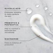 A swatch of the balance moisturiser is displayed on a textured surface, with droplets of the Glycolic Acid Activator. Text callouts highlight key ingredients: GLYCOLIC ACID exfoliates, smooths & visibly perfects the skin; PREBIOTICS & POSTBIOTICS help to maintain a balanced skin microbiome; and NIACINAMIDE helps to balance oil production.