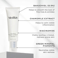 A tube of Calmwise Colour Correct is featured. Text callouts highlight key ingredients: BAKUCHIOL (0.5%), CHAMOMILE EXTRACT, NIACINAMIDE and GREEN MINERAL PIGMENTS