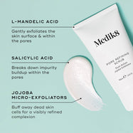 A tube of Pore Refining Scrub is featured, with a swatch of white scrub. Text callouts highlight key ingredients: L-MANDELIC ACID, SALICYLIC ACID and JOJOBA MICRO-EXFOLIATORS.