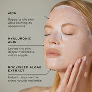 A woman's face is shown wearing a white bio-cellulose sheet mask. Text callouts highlight key ingredients: ZINC, HYALURONIC ACID, ROCKWEED ALGAE EXTRACT.