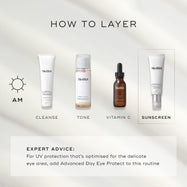 A HOW TO LAYER diagram for an AM skincare routine. It includes Cleanse (Medik8 Surface Radiance Cleanse), Tone (Medik8 Press & Glow), Vitamin C (Medik8 C-Tetra Luxe), and Sunscreen (Medik8 Advanced Day Ultimate Protect). 