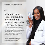 Dr. Ewoma Ukeleghe, is shown smiling while holding two silver tubes of Crystal Retinal. A quote from her states: When it comes to recommending a retinoid, my unwavering choice is Crystal Retinal. This exceptional product has become my top recommendation for both patients and followers, thanks to its remarkable effectiveness and pioneering approach to skincare.