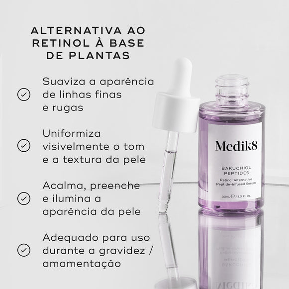O frasco conta-gotas Bakuchiol Peptides assenta num pedestal branco contra um fundo claro. Linhas de texto destacam os ingredientes-chave: Bakuchiol (1,25%) para suavizar visivelmente as rugas ao estimular a produção de colagénio, Precursores de Peptídios Iluminadores para prevenir a produção de melanina para um tom de pele mais uniforme visivelmente, e Óleo Inka Omega para reabastecer e proteger a barreira da pele.-hover-64