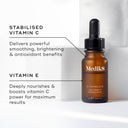 Medik8 C-Tetra Eye serum bottle with text highlighting vitamin C and E benefits on a white background