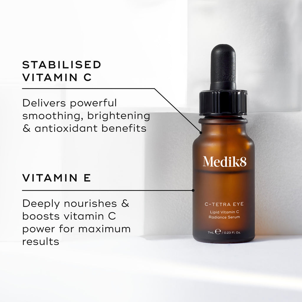 Medik8 C-Tetra Eye serum bottle with text highlighting vitamin C and E benefits on a white background