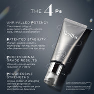 A silver tube of Crystal Retinal 6 is displayed with text highlighting THE 4 Ps: UNRIVALLED POTENCY, PATENTED STABILITY, PROFESSIONAL GRADE RESULTS and PROGRESSIVE STRENGTHS.