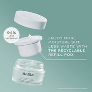 graphic of the recyclable refill pod, arranged to show the refill process. Text highlights "94% LESS PACKAGING" and encourages enjoying "MORE MOISTURE BUT LESS WASTE WITH THE RECYCLABLE REFILL POD.