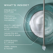 Total Moisture Daily Facial Cream in a glass jar, accompanied by the question "WHAT'S INSIDE?". Text callouts identify key ingredients: "PREBIOTIC PEPTIDE", "MULTI-WEIGHT HYALURONIC ACID", and "CERAMIDES & LIPIDS" 