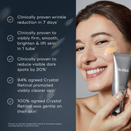 A woman smiling while applying crystal retinal to her chee and a silver tube of Medik8 Crystal Retinal 6. Five bullet points with checkmarks list product benefits: Clinically proven wrinkle reduction in 7 days, Clinically proven to visibly firm, smooth, brighten & lift skin in 1 tube, Clinically proven to reduce visible dark spots by 20%, 94% agreed Crystal Retinal promoted visibly clearer skin, and 100% agreed Crystal Retinal was gentle on their skin.