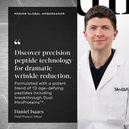 Daniel Isaacs, Chief Product Officer for Medik8 is shown with a quote stating: "Discover precision peptide technology for dramatic wrinkle reduction. Formulated with a potent blend of 13 age-defying peptides including breakthrough Dual MiniProteins™."