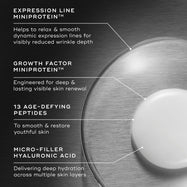 A close-up of the texture of the Liquid Peptides Advanced MP with text callouts detailing its ingredients. EXPRESSION LINE MINIPROTEIN™",GROWTH FACTOR MINIPROTEIN, 13 AGE-DEFYING PEPTIDES and MICRO-FILLER HYALURONIC ACID