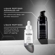 Comparison between LIQUID PEPTIDES ADVANCED MP" (in a black bottle with a pump), for advanced deep-set wrinkle reduction and LIQUID PEPTIDES" (in a white dropper bottle) is for visibly plumps & smooths the first signs of ageing.