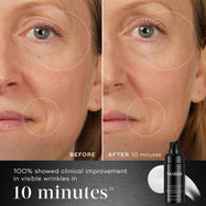 Before and after 10 minutes comparison shows the eye and smile area of a person, illustrating a reduction in the look wrinkles. Below the images, text states "Clinically proven to improve the look of deep-set wrinkles in 8 weeks"