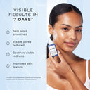 Woman applying skincare product with visible results text on a light blue background