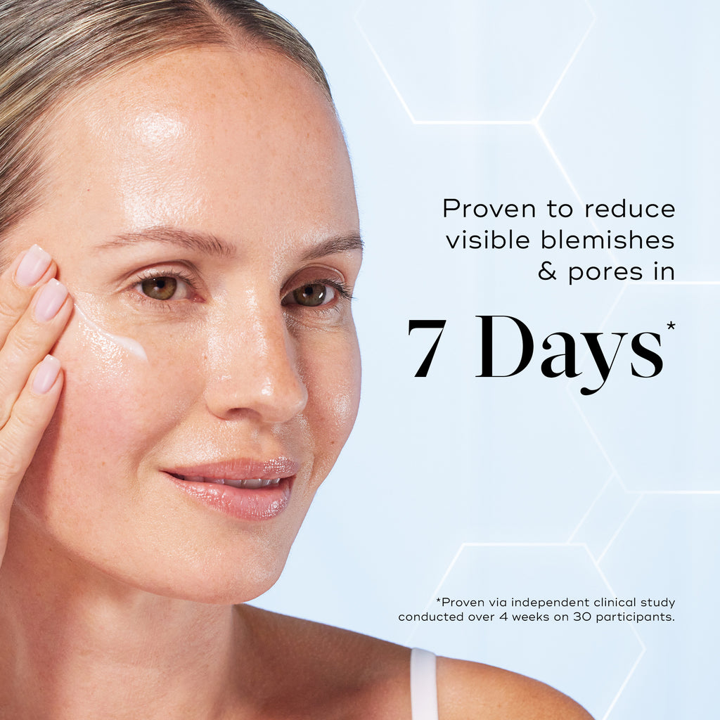 Woman applying skincare product with text claiming results in 7 days on a light blue background