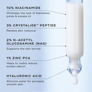 Skincare serum dropper with ingredient labels on a light blue background