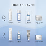 Step-by-step guide on how to layer Medik8 skincare products with text labels on a blue gradient background.