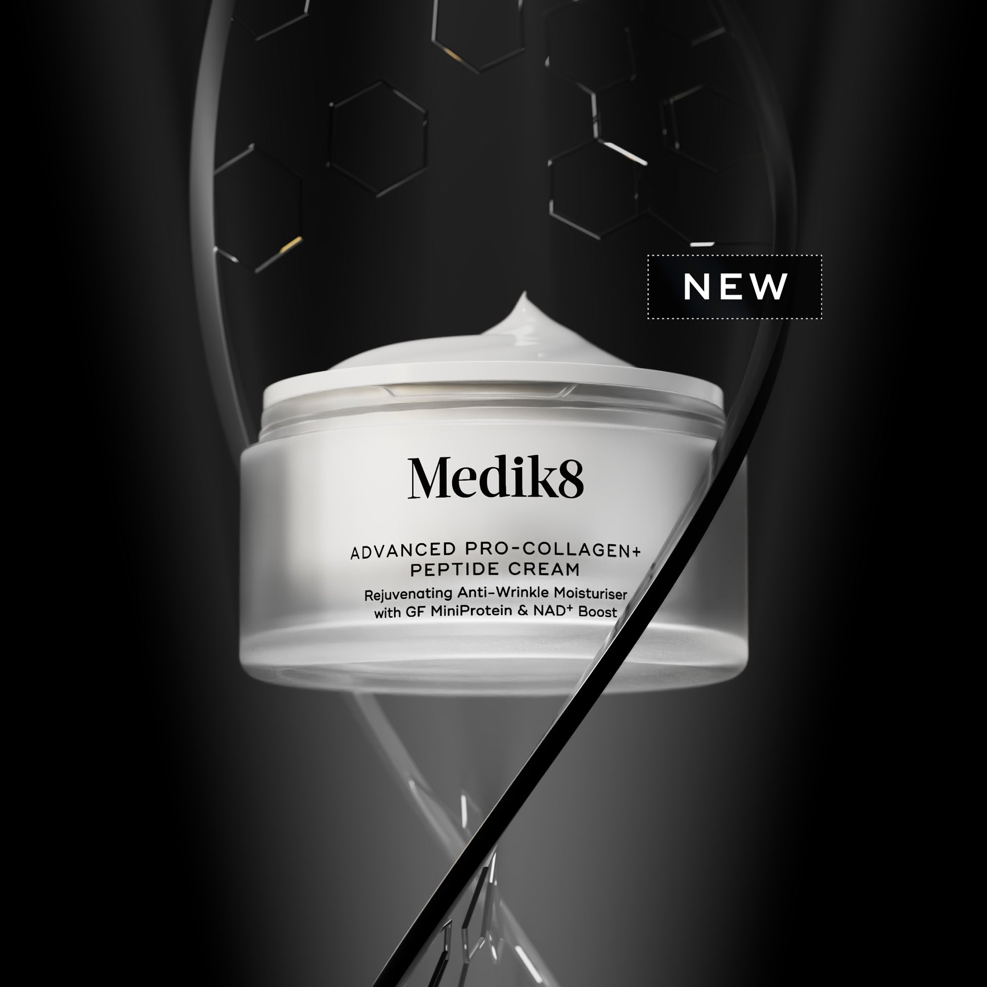 Medik8 Advanced Pro-Collagen+ Peptide Cream jar on a black background