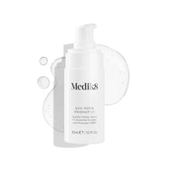 Medik8 Exo-PDRN Prismatic+ Youthful Vitality Serum pump bottle shown beside a clear serum texture on a soft iridescent background.