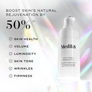 Medik8 Exo-PDRN Prismatic+ serum displayed with text stating ‘Boost skin’s natural rejuvenation by over 50%*’ alongside benefits including skin health, volume, luminosity, skin tone, wrinkles and firmness. 
