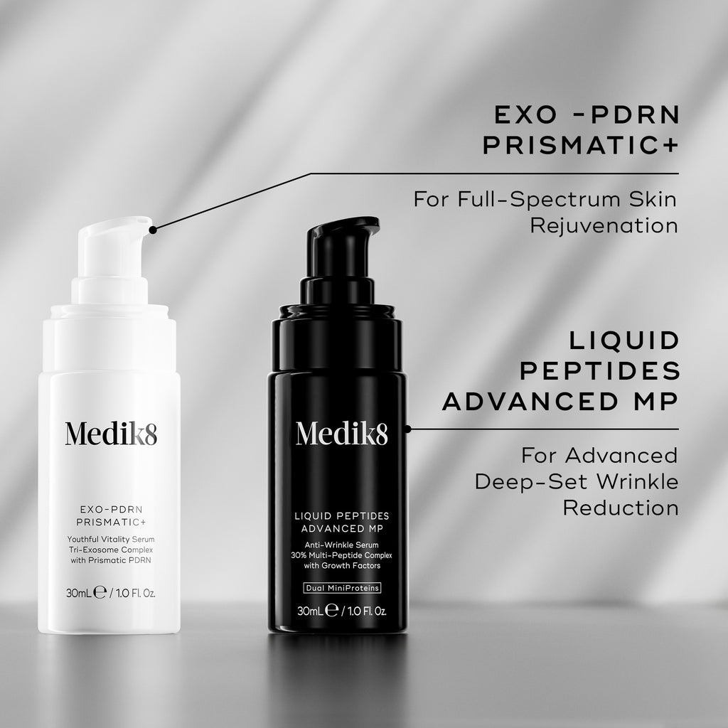 Medik8 Exo-PDRN Prismatic+ serum shown alongside Liquid Peptides Advanced MP as a routine pairing for advanced deep-set wrinkle reduction.