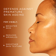Close-up of a woman with radiant, even-toned skin, with text highlighting how C-Tetra Advanced defends against premature ageing by improving brightness, wrinkles, and skin texture.