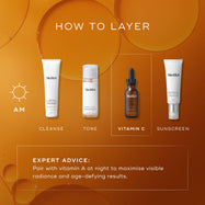 Medik8 skincare routine guide titled ‘How to Layer.’ The image shows a step-by-step morning and evening skincare routine with illustrated product icons and bottles arranged by order of application, alongside expert layering advice text.